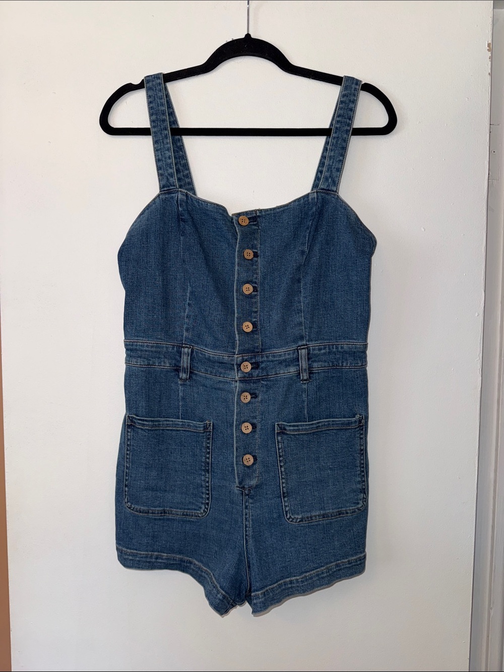 Free People Denim Romper with brown wood buttons